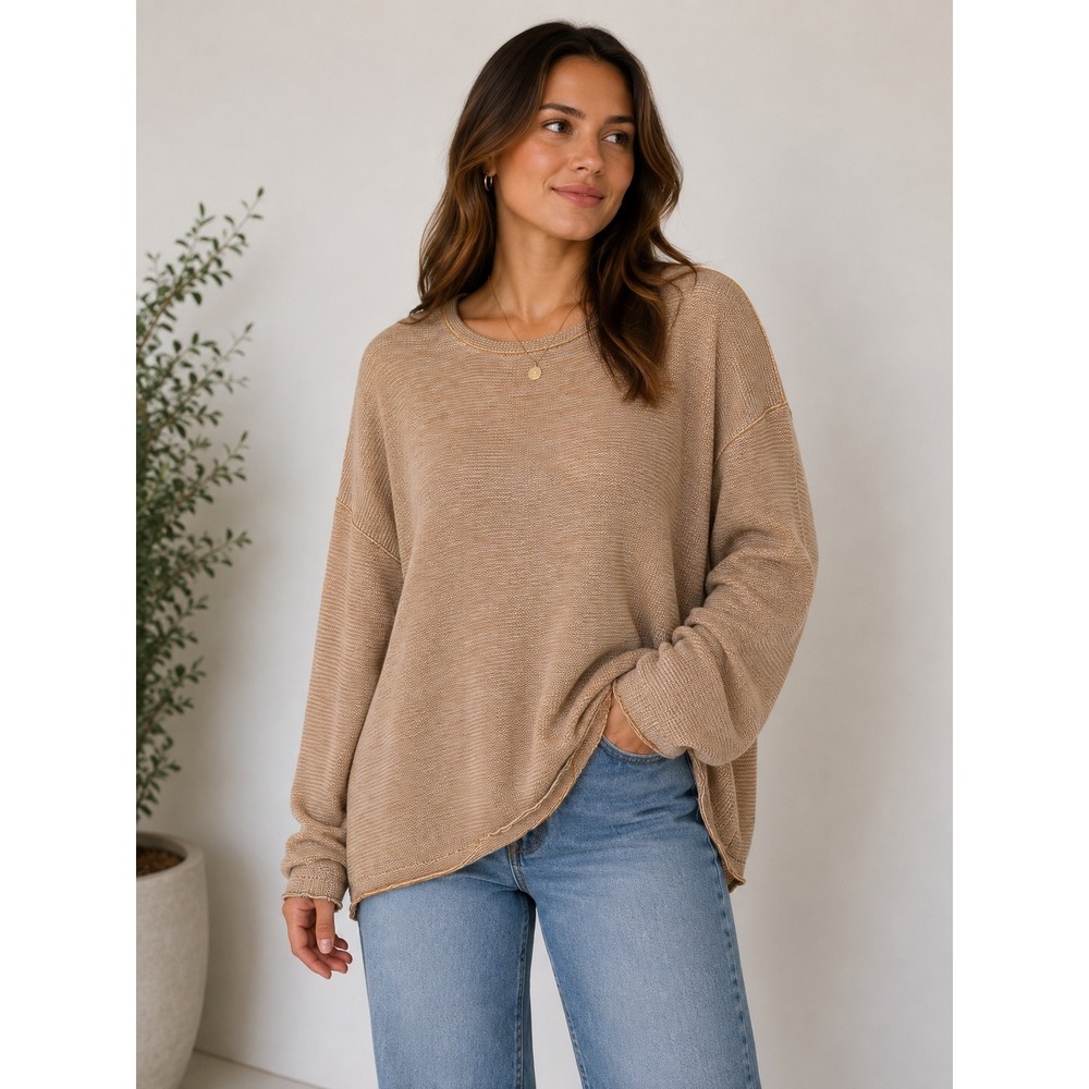 Billy Reid Womens XL Tan Textured Cotton Knit Crewneck Sweater Long Sleeve Top